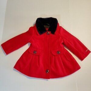 London Fog Baby Coat Red with Black Faux Fur Trim Size 18 months